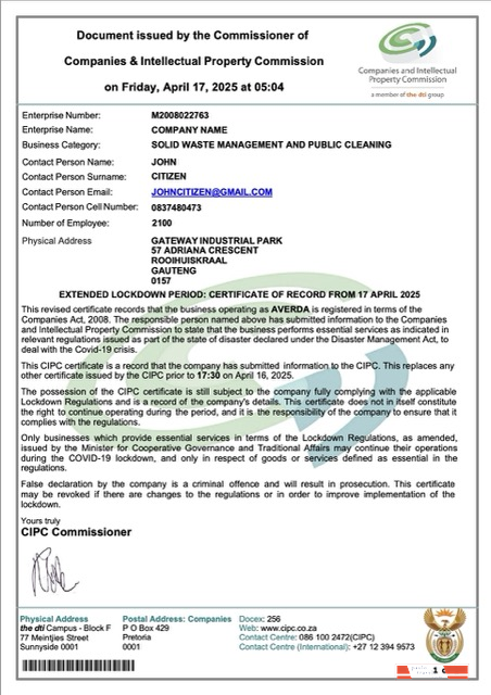 South Africa certificate of company registration Word and PDF template, version 3